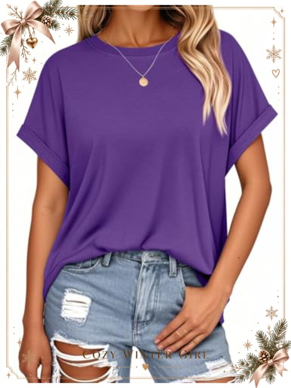 Women's Oversized Short Rolled Sleeve Crew Neck T-Shirt Loose Fit Summer